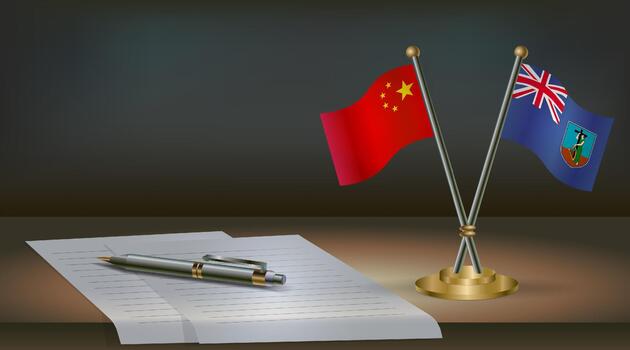 China and Montserrat flags on table in office. International relations on a dark gradient color background. vector
