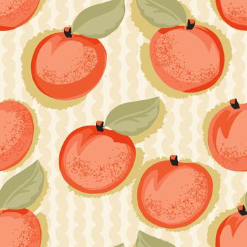 sin costura modelo con mano dibujado albaricoques en calentar naranja tonos, suave texturizado detalles, y verde hojas en un ligero estampado antecedentes. Fresco sabroso diseño ideal para textiles y embalaje vector