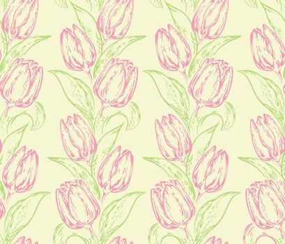 Seamless pattern with hand drawn tulip flowers and leaves in soft pink and green on light background, creating delicate floral design for fabric, wallpaper, wrapping, and textile print vector