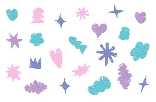 conjunto de miedoso lápiz de color íconos con infantil geométrico formas, incluso estrellas, flechas, círculos, líneas, resumen garabatos ingenuo bosquejo estilo con caprichoso y extraño sencillo formas en blanco bg, vector