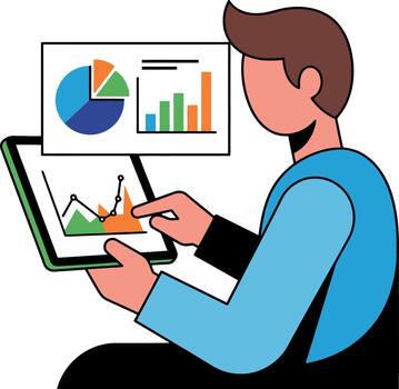 Man Analyzing Data on Tablet with Charts and Graphs. vector