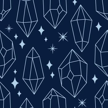 geométrico cristales y estrellas en oscuro antecedentes. sin costura modelo con brillante facetas y celestial destellos místico impresión vector