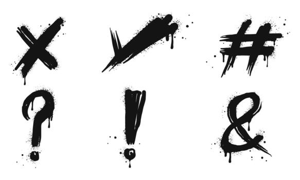 Spray painted graffiti check mark, x cross, hashtag, question marks, exclamation point. design element drip symbol. isolated on white background vector