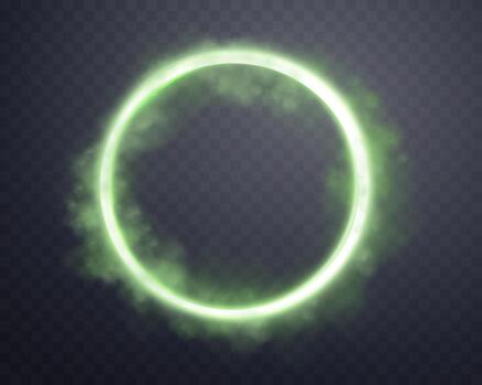 Green magic glowing ring with smoke. Neon realistic energy flare halo ring. vector