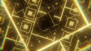 nahtlos Schleife Hintergrund mit abstrakt golden geometrisch Gitter mit glühend Linien und Quadrate Muster. Digital 3d Animation von fliegend durch ein Tunnel von geschnitten Gelb Formen im das dunkel. 4k 60 fps video