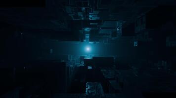 sin problemas serpenteado animación de futurista corredor con cubo estructuras iluminado por azul ligero. oscuro Ciencias ficción túnel hecho de metálico superficies con intrincado patrones. 3d hacer , 4k 60 60 fps video