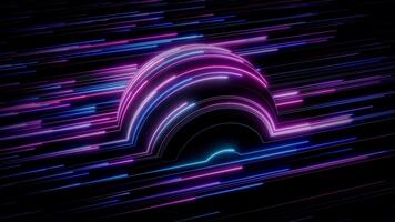 looped animering av abstrakt lila och blå neon ljus ränder strömmande runt om cirkulär trogen form och skapande känsla av fart, djup och rörelse. lysande digital signal rader bakgrund. 4k 60 fps video