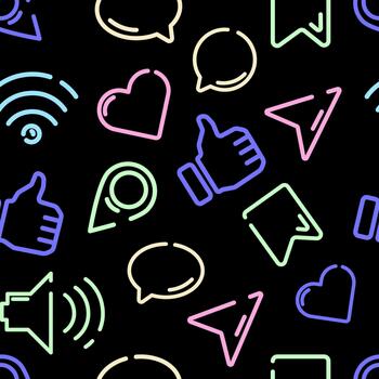 Seamless pattern of neon colorful social media icons on black background, ideal for UI UX design, digital branding, app interfaces, tech themed wallpapers, social media graphics. illustration vector