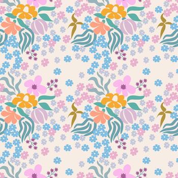 sin costura repitiendo modelo con primitivo línea Arte flores y hojas en un ligero antecedentes. minimalista diseño para fondo de pantalla, tela, o embalaje. vector