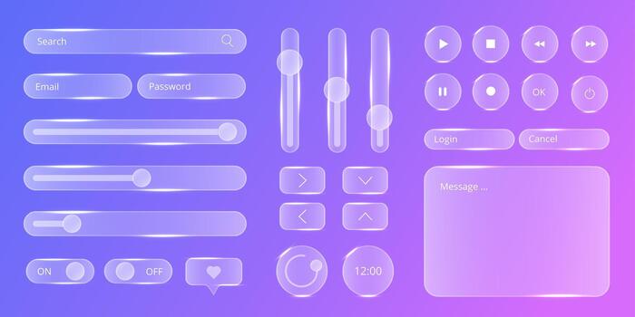vaso interfaz elementos. morfismo de vidrio interfaz. vaso textura web conjunto de botones, formularios, y iconos vector