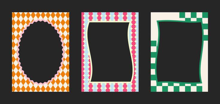 Set of groovy retro border frames with diamond and checkerboard patterns for aesthetic poster or flyer design vector