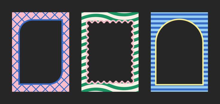 paquete de miedoso resumen frontera marcos con cuadrícula y arco formas en vistoso modelo antecedentes para de moda carteles vector