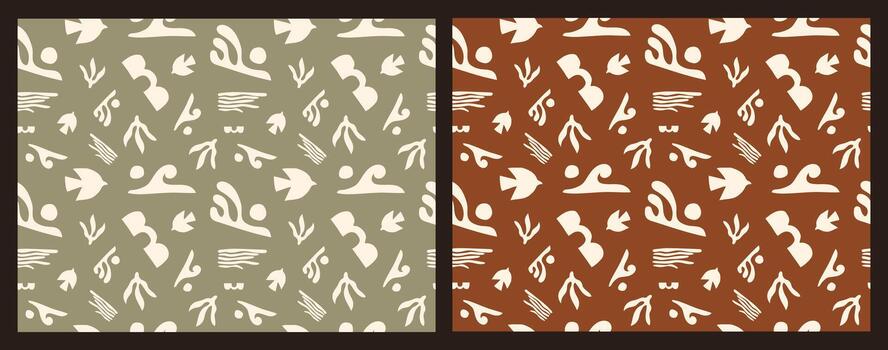 sin costura modelo conjunto presentando resumen boho formas y orgánico garabatos en sabio verde y marrón colores para textil diseño vector