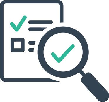 Lista de Verificación con aumentador vaso icono significando revisión y aprobación vector