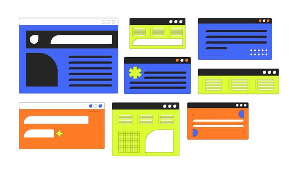 Multiple colorful user interface windows 2D cartoon objects set. Varied web layouts and UI styles. Abstract software isolated elements flat clip arts on white. Spot illustrations collection vector