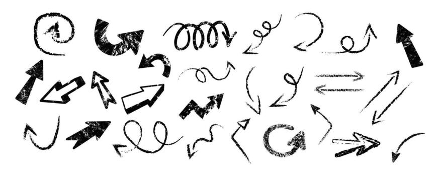 Chalk textured arrows set. Rough sketch arrows with grunge, scribble and distressed lines for navigation, notes, diagrams and visual guidance, isolated on white background. vector
