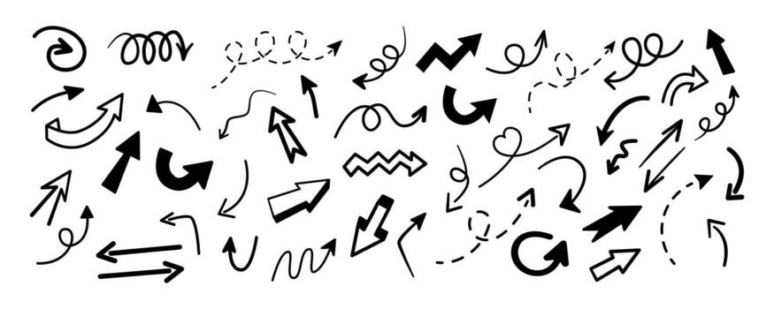Hand drawn arrows set in doodle style. Black sketch arrows, curved, dashed and spiral shapes for navigation, infographic, presentation and graphic design, isolated on white background. vector