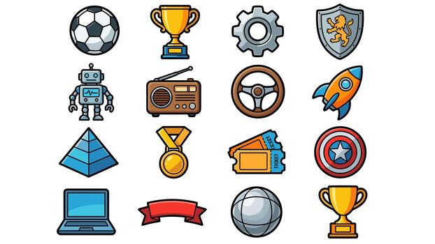 Collection of diverse cartoon icons representing various concepts and objects. vector