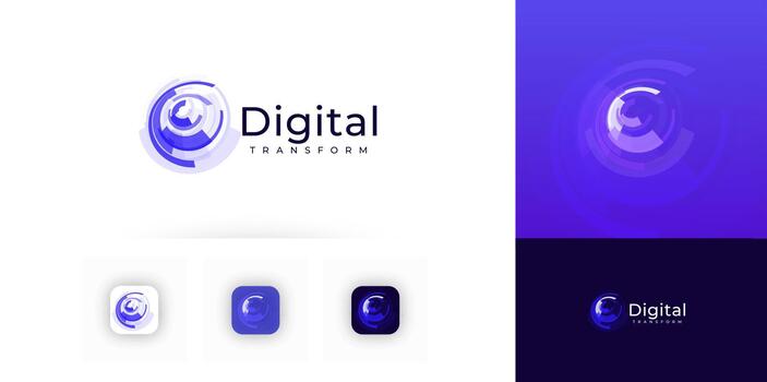 digital transformación negocio puesta en marcha resumen logo emblema etiqueta icono, azul color fluir analítica máquina aprendizaje datos investigación tecnología forma centro, circular redondo logotipo ilustración vector