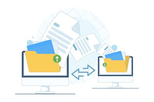 File transfer and data backup concept with cloud storage. Flat illustration for uploading, downloading, document saving, and digital technology. vector