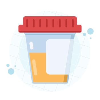 Urine analysis concept with pee test icon and sample in plastic container and glass tube. illustration for medical testing, diagnostics, and healthcare labs. vector