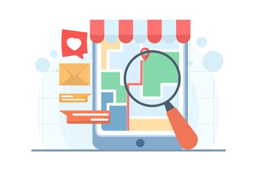 Mobile search results showing navigation to local stores with customer reviews and ratings. illustration for local SEO, map search, and business discovery. vector