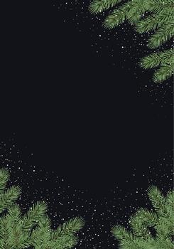 Elegant Christmas or winter background with realistic green pine branches and falling snow creating a frame on a dark black canvas. vector