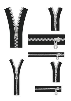 conjunto de realista negro y plata cremallera ilustraciones, demostración varios abierto, cerrado, y medio abierto posiciones para ropa o diseño. vector