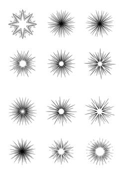 un exhaustivo conjunto de doce negro y blanco Starburst y rayos de sol diseño elementos con radiante líneas para gráfico efectos vector
