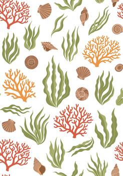 Beautiful seamless underwater pattern with colorful corals, seaweed, and various seashells on a bright and cheerful white background. vector