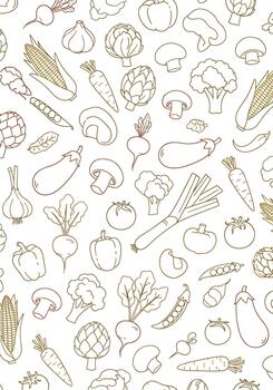 Seamless pattern of various hand-drawn vegetables in a simple brown outline style, including carrots, broccoli, and tomatoes on a white background. vector