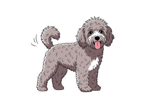 Fluffy gray poodle dog standing and wagging its tail with a happy expression and tongue sticking out in play. vector