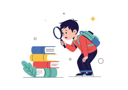 Curious young boy with backpack using a magnifying glass to examine a stack of colorful books on white background. vector
