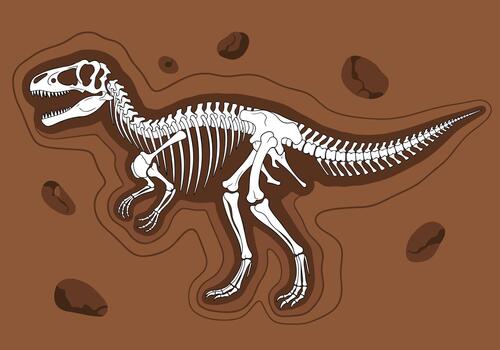 lleno dinosaurio esqueleto fósil incrustado en suelo con rocas, ilustrando un prehistórico arqueológico excavación sitio. vector