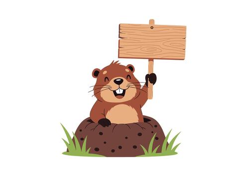 Adorable groundhog character emerging from a burrow in the ground and holding a blank wooden sign for customized text messages. vector