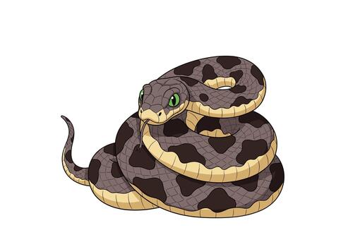 Patterned brown snake cartoon character coiled up and looking forward with its tongue out on white background. vector