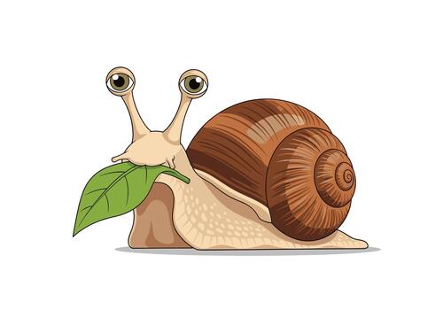 Snail with a large spiral shell eating a fresh green leaf, isolated on a white background representing slow nature. vector
