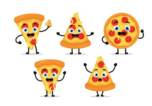 Set of cheerful pizza slice characters with expressive faces and various poses isolated on a plain white background for food design. vector