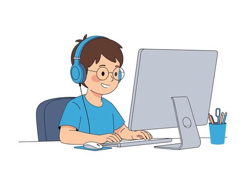 joven chico con lentes y auriculares utilizando un escritorio computadora a un escritorio para aprendizaje o juego de azar en blanco antecedentes. vector