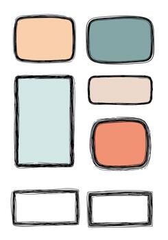 colección de dibujado a mano rectangular marcos con incompleto negro contornos y pastel color llena, ideal para texto cajas y fronteras vector