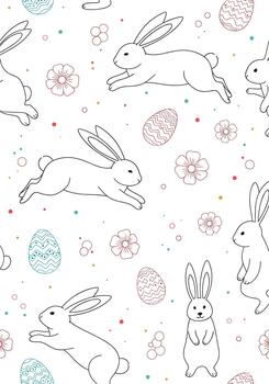Delicate Easter seamless pattern featuring outlined rabbits, colorful patterned eggs, and simple flowers scattered on a clean white background. vector