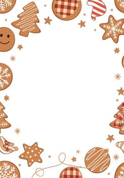 Cozy Christmas frame made of gingerbread cookies in various shapes like trees, stars, and ornaments on a white background with empty space. vector