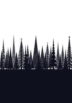 un sorprendentes negro y blanco frontera de estilizado, estampado Navidad arboles creando un denso bosque silueta con blanco Copiar espacio. vector