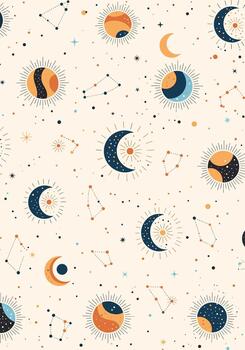 místico y bohemio sin costura modelo presentando celestial soles, creciente lunas, constelaciones, y estrellas en un crema antecedentes. vector