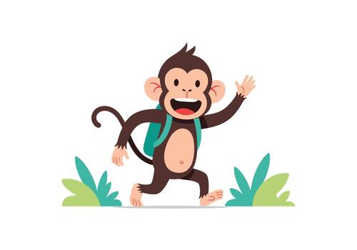 Excited little monkey wearing a teal backpack is running and waving its hand while walking through some green grass and bushes. vector