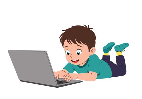 Young boy character lying on his stomach and using a laptop computer with a happy and engaged expression for school projects. vector