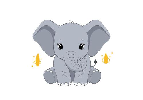 Adorable grey baby elephant sits calmly with its trunk curled up and yellow decorative elements on either side of the character. vector