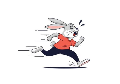 rápido gris Conejo vistiendo un rojo camisa y negro pantalones es corriendo con rapidez con un asustado expresión como Si eso es en un grande apuro. vector