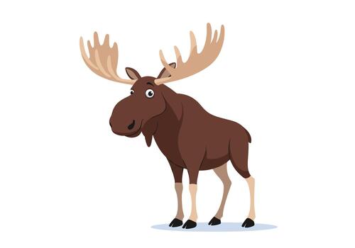 Large brown moose character with big antlers standing and looking towards the camera on a white background for nature themes. vector