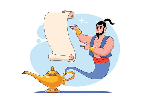 Friendly genie cartoon character appearing from a golden magic lamp and holding a large blank paper scroll on white. vector